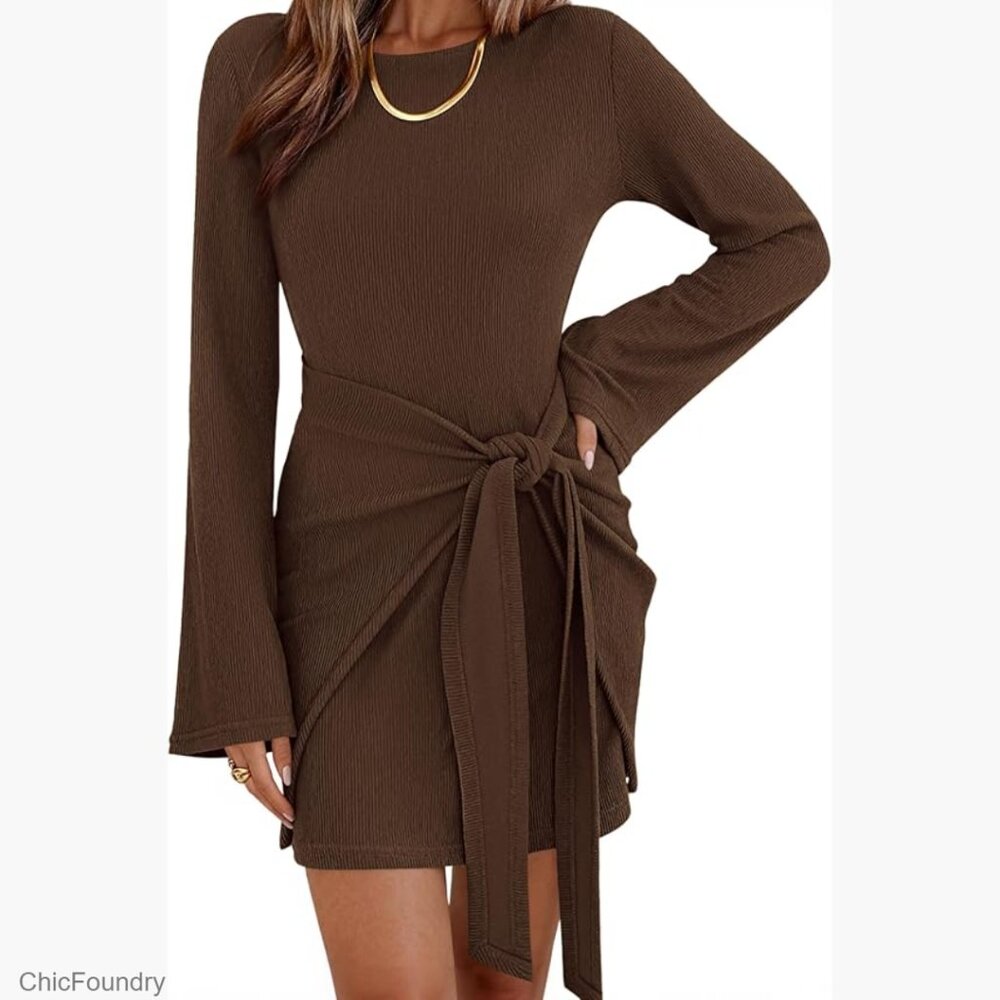 Long Sleeve Bell Sleeve Boat Neck Tie Waist Bodycon Mini Dress Knitted
